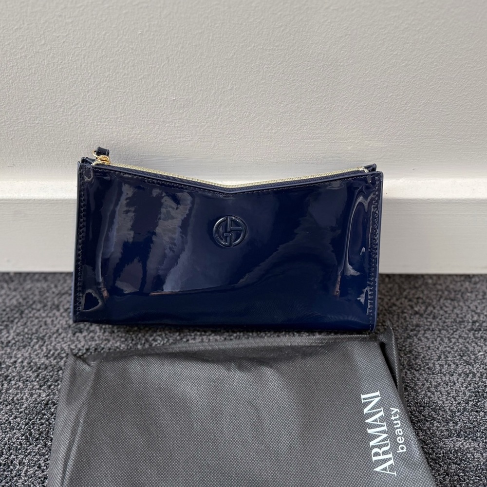 Armani Beauty Navy Patent Leather Clutch Bag Cosmetic Pouch Wristlet